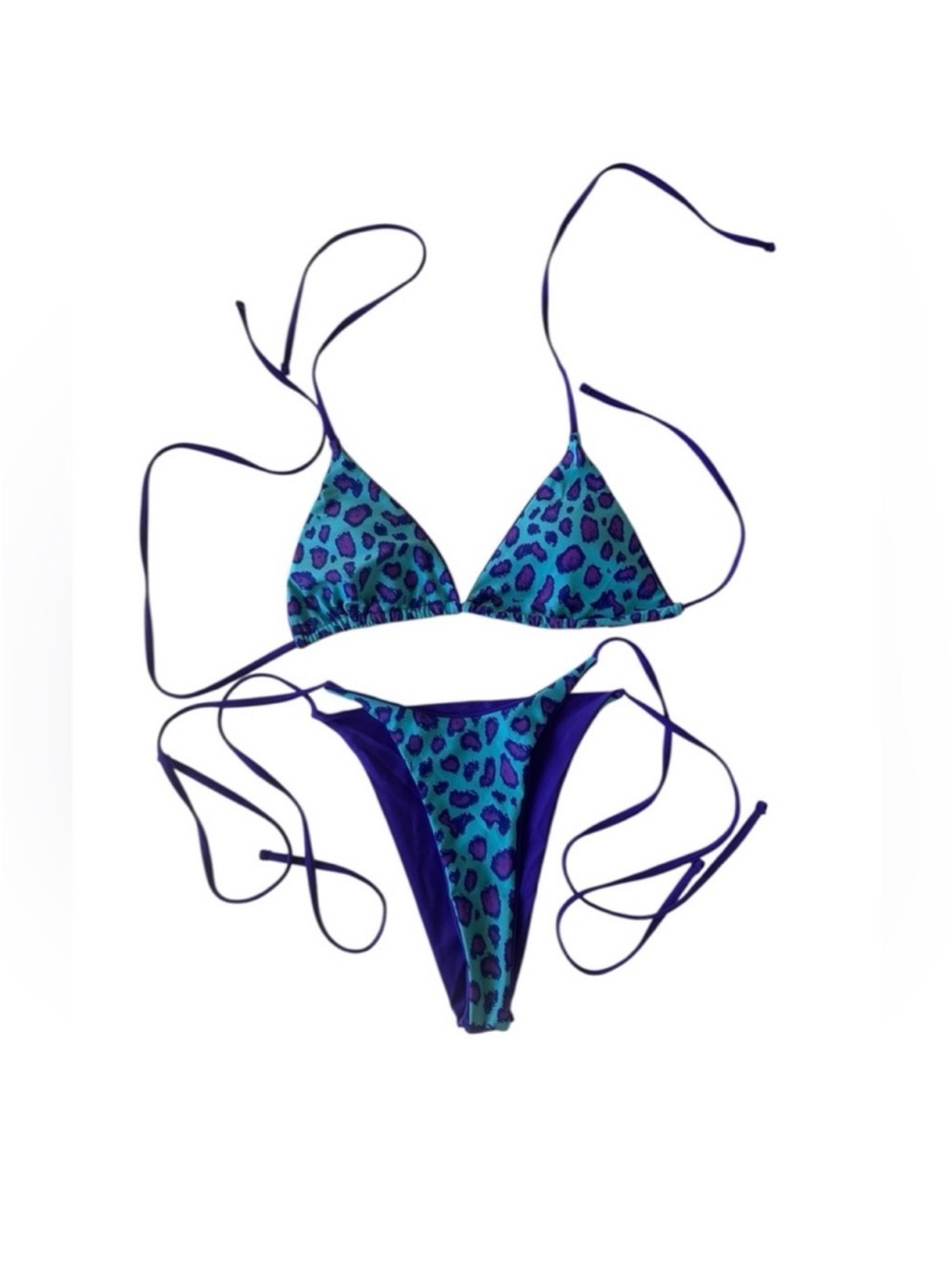Two Piece Blue & purple Leopard Tie-Side Triangle Women’s Sexy Bikini Set - Picture 2 of 4